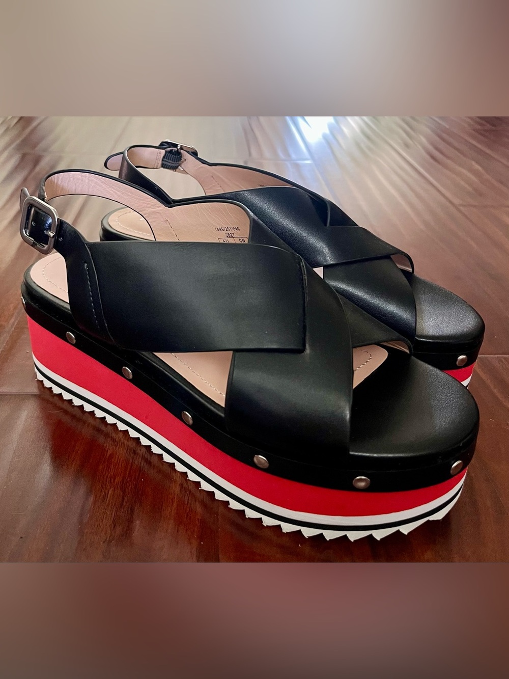 Zara Black Platform Colorblock Slingback Sandals with Red Stripe